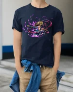 Anime Samurai Warrior T-Shirt - Japanese Inspired Tee - model wearing Navy T-shirt, hands in pockets, denim shirt at waist