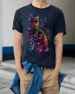 Musical Cat T-Shirt - Neon Music Lover Tee - model wearing Navy T-shirt, hands in pockets, denim shirt at waist