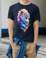 Rainbow Mane Lion T-Shirt - Vibrant Lion King Tee - model wearing Navy T-shirt, hands in pockets, denim shirt at waist
