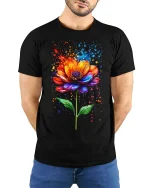Vibrant Watercolor Flower T-Shirt - Artistic Floral Tee - model with hands behind back, wearing Black T-shirt and blue jeans