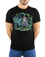 Mystic Elementalist T-Shirt - Anime Magic User Tee - model with hands behind back, wearing Black T-shirt and blue jeans
