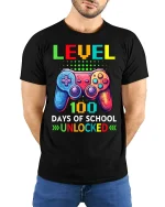 Level 100 Days of School Unlocked T-Shirt - model with hands behind back, wearing Black T-shirt and blue jeans
