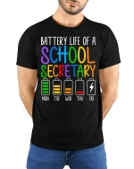 Battery Life of a School Secretary T-Shirt - model with hands behind back, wearing Black T-shirt and blue jeans