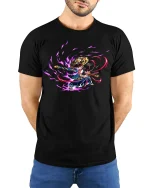 Anime Samurai Warrior T-Shirt - Japanese Inspired Tee - model with hands behind back, wearing Black T-shirt and blue jeans