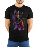 Musical Cat T-Shirt - Neon Music Lover Tee - model with hands behind back, wearing Black T-shirt and blue jeans
