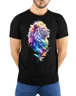 Rainbow Mane Lion T-Shirt - Vibrant Lion King Tee - model with hands behind back, wearing Black T-shirt and blue jeans