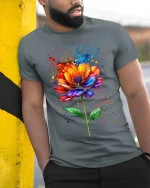 Vibrant Watercolor Flower T-Shirt - Artistic Floral Tee - model leaning on yellow-black pole, wearing Gray T-shirt, hand in pocket