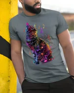 Musical Cat T-Shirt - Neon Music Lover Tee - model leaning on yellow-black pole, wearing Gray T-shirt, hand in pocket