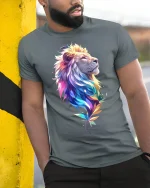 Rainbow Mane Lion T-Shirt - Vibrant Lion King Tee - model leaning on yellow-black pole, wearing Gray T-shirt, hand in pocket