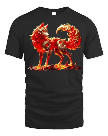 Inferno Spirit Fox Flame Graphic T-shirt - black t-shirt on white background