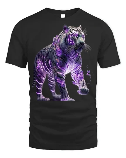 Galactic Purple Tiger Power Graphic T-shirt - black t-shirt on white background