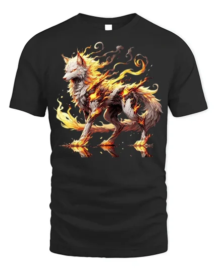 Blazing Flame Wolf Spirit Graphic T-shirt - black t-shirt on white background