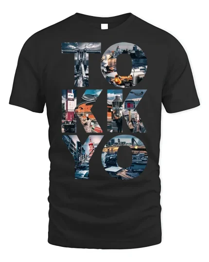 Tokyo Cityscape Letters Graphic Travel T-shirt - black t-shirt on white background