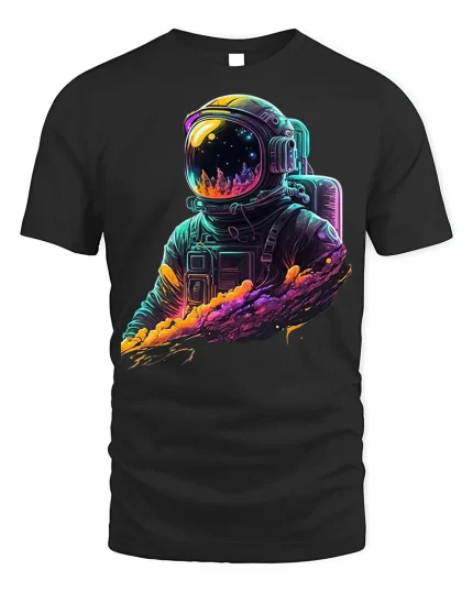 Neon Cosmic Astronaut Galaxy Drip T-shirt - black t-shirt on white background