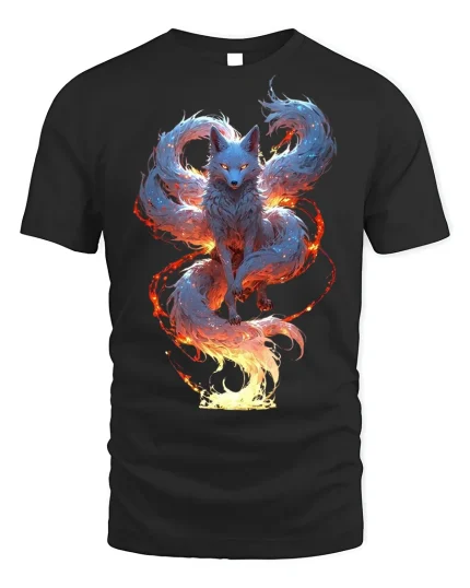 Mythical Nine-Tail Flame Fox Spirit T-shirt - black t-shirt on white background