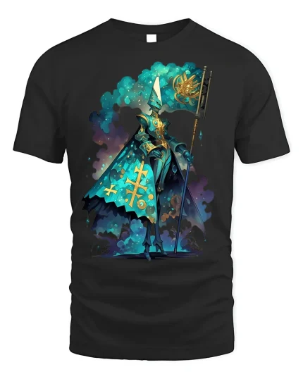 Mystic Paladin Cosmic Staff Graphic T-shirt - black t-shirt on white background