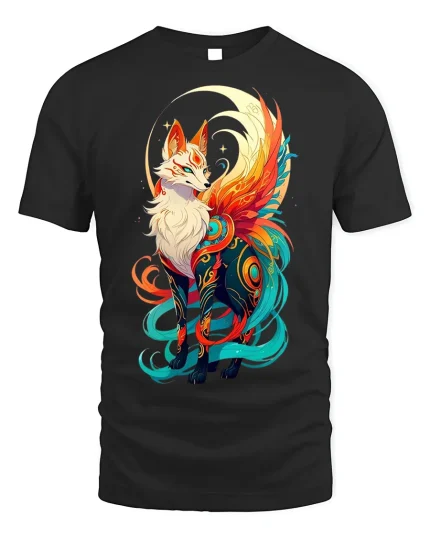 Celestial Kitsune Spirit Fox Graphic T-shirt - black t-shirt on white background