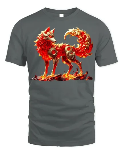Inferno Spirit Fox Flame Graphic T-shirt - gray t-shirt on white background