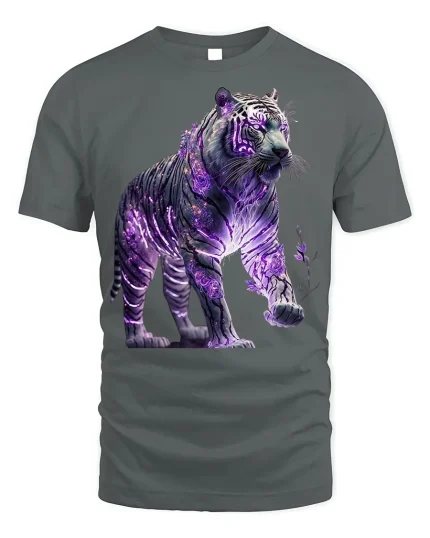 Galactic Purple Tiger Power Graphic T-shirt - gray t-shirt on white background