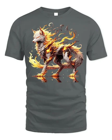 Blazing Flame Wolf Spirit Graphic T-shirt - gray t-shirt on white background