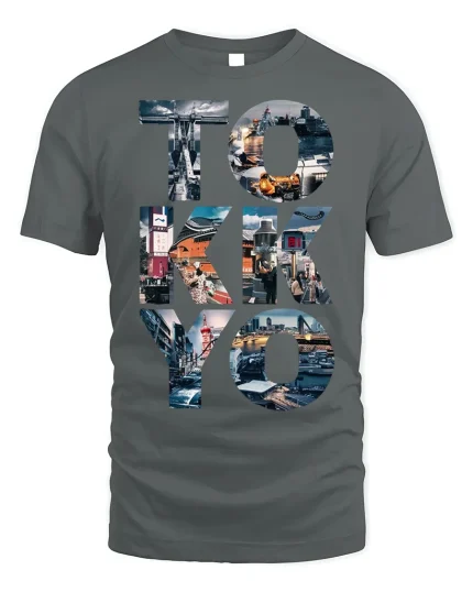 Tokyo Cityscape Letters Graphic Travel T-shirt - gray t-shirt on white background