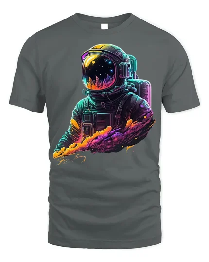 Neon Cosmic Astronaut Galaxy Drip T-shirt - gray t-shirt on white background