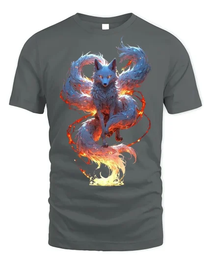 Mythical Nine-Tail Flame Fox Spirit T-shirt - gray t-shirt on white background