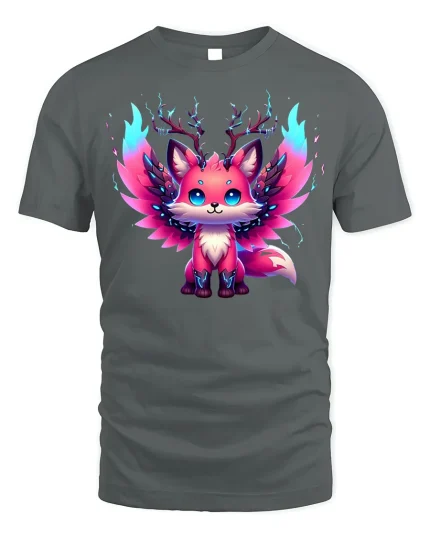 Electric Neon Fox Spirit Graphic T-shirt - gray t-shirt on white background