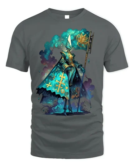 Mystic Paladin Cosmic Staff Graphic T-shirt - gray t-shirt on white background