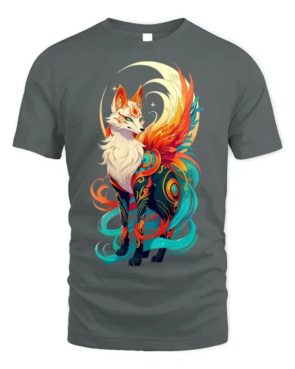Celestial Kitsune Spirit Fox Graphic T-shirt - gray t-shirt on white background