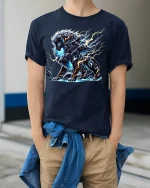 Stormborn Thunder Beast Graphic T-shirt - model wearing Navy T-shirt, hands in pockets, denim shirt at waist