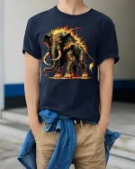 Inferno Mammoth Beast Fire Graphic T-shirt - model wearing Navy T-shirt, hands in pockets, denim shirt at waist