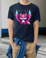 Electric Neon Fox Spirit Graphic T-shirt - model wearing Navy T-shirt, hands in pockets, denim shirt at waist