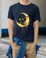 Moonlight Creature Yellow Glow T-shirt - model wearing Navy T-shirt, hands in pockets, denim shirt at waist