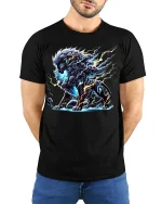 Stormborn Thunder Beast Graphic T-shirt - model with hands behind back, wearing Black T-shirt and blue jeans