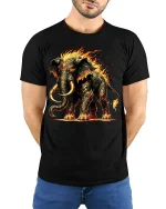 Inferno Mammoth Beast Fire Graphic T-shirt - model with hands behind back, wearing Black T-shirt and blue jeans