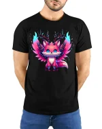 Electric Neon Fox Spirit Graphic T-shirt - model with hands behind back, wearing Black T-shirt and blue jeans