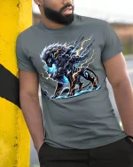 Stormborn Thunder Beast Graphic T-shirt - model leaning on yellow-black pole, wearing Gray T-shirt, hand in pocket