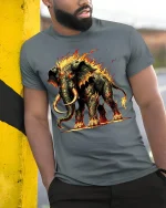 Inferno Mammoth Beast Fire Graphic T-shirt - model leaning on yellow-black pole, wearing Gray T-shirt, hand in pocket