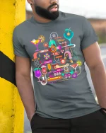 Colorful Cocktail Machine Art T-shirt for Men - model leaning on yellow-black pole, wearing Gray T-shirt, hand in pocket