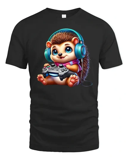 Cute Gaming Hedgehog Tee - black t-shirt on white background