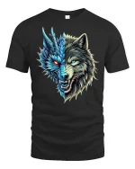 Dragon Wolf Hybrid Half Face Fantasy Tee - black t-shirt on white background