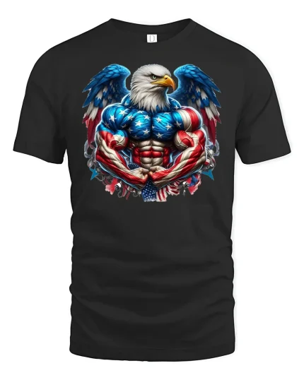 Patriotic Muscular Bald Eagle Tee - black t-shirt on white background