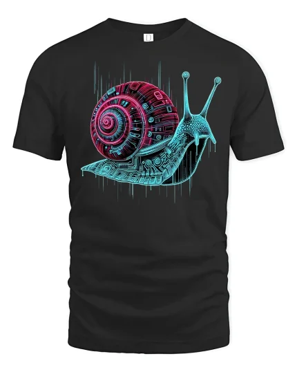 Neon Circuit Snail Art Tee - black t-shirt on white background