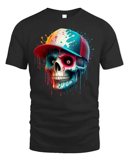 Artistic Skull with Baseball Cap Shirt - black t-shirt on white background