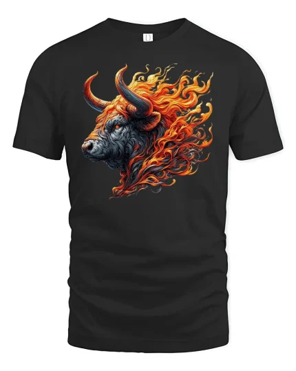 Fiery Bull Head Flame Art Tee - black t-shirt on white background