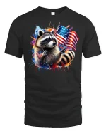 Patriotic Raccoon with USA Flag T-shirt - black t-shirt on white background