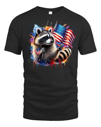 Patriotic Raccoon with USA Flag T-shirt - black t-shirt on white background