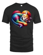 Rainbow Heart Cat Sleeping Art Tee - black t-shirt on white background