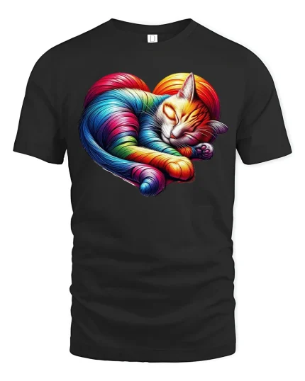 Rainbow Heart Cat Sleeping Art Tee - black t-shirt on white background